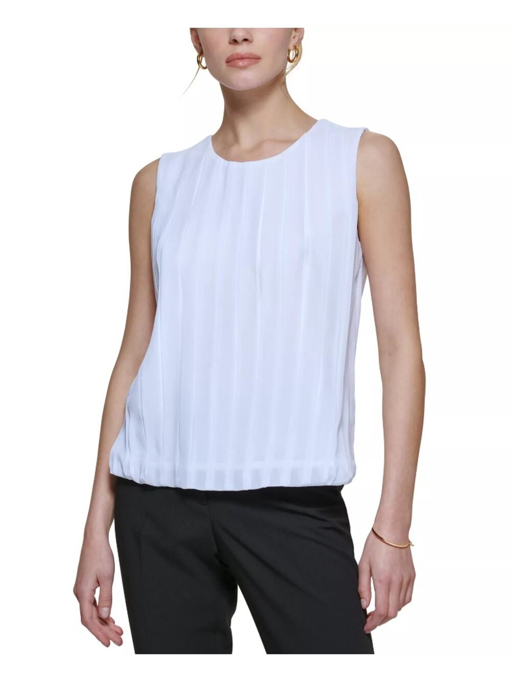 Calvin Klein Women White Chiffon Sleeveless Pleated Bubble Hem Blouse Size L